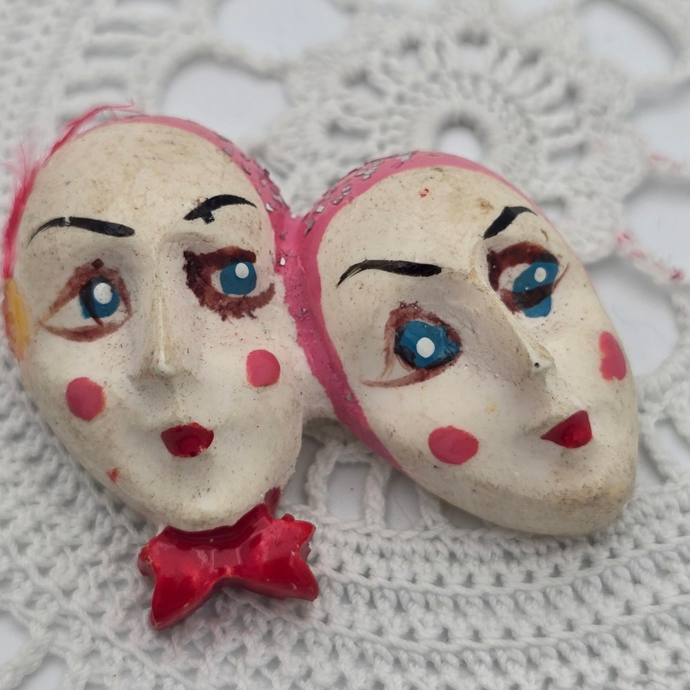 Vintage Hand Painted Double Clown Face Brooch Pink Glitter Mime Pin Whimsical